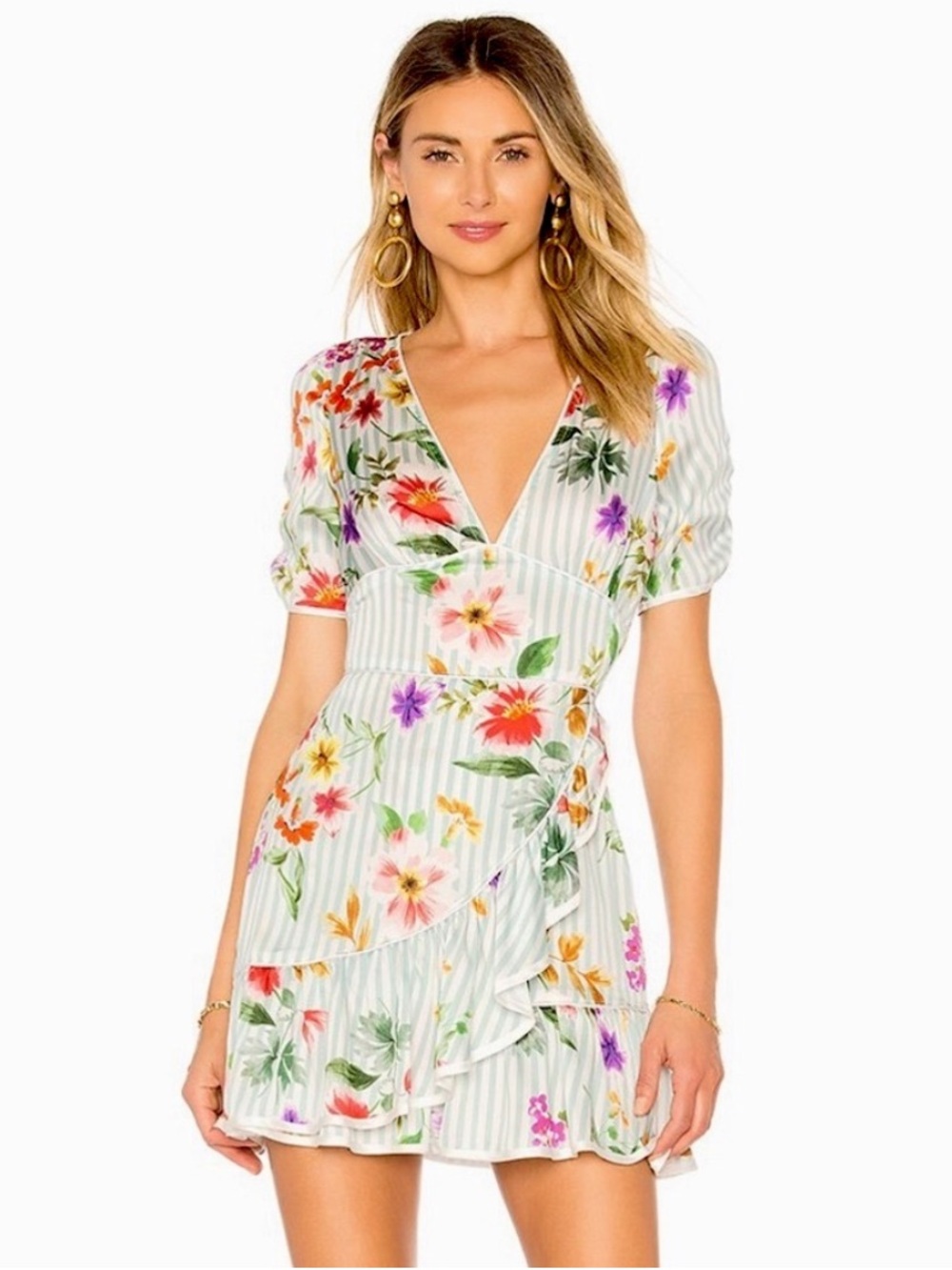 Tularosa White Striped Mini Dress with Multicolor Floral Print